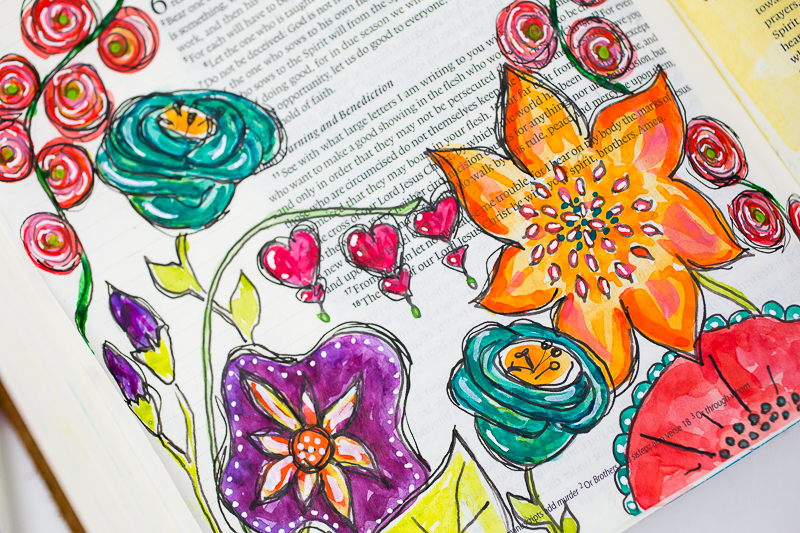 a step by step process showing how this mixed media art journaling Bible page was created by Amy Bruce | Let His garden Grow Galatians 5:22-26 ESV | Illustrated Faith by Bella Blvd Genesis Collection | watercolors