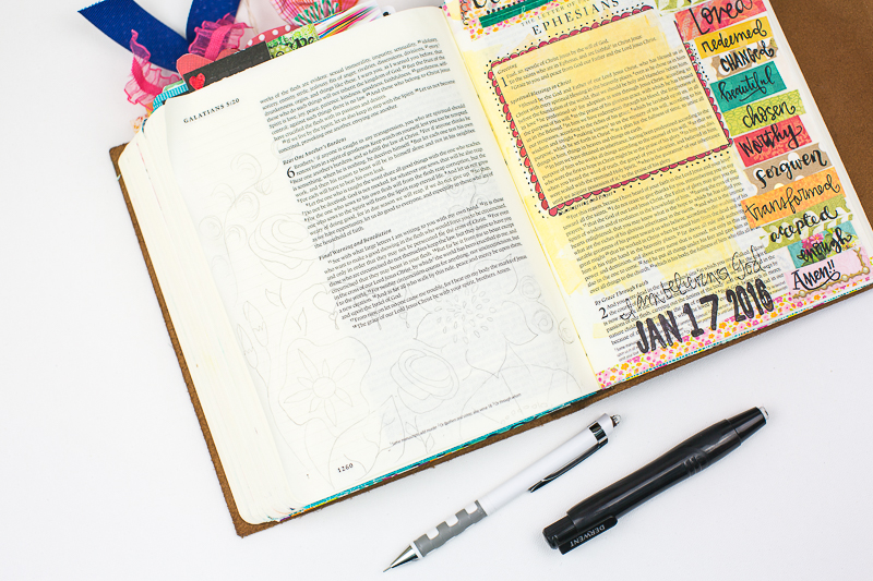 a step by step process showing how this mixed media art journaling Bible page was created by Amy Bruce | Let His garden Grow Galatians 5:22-26 ESV | Illustrated Faith by Bella Blvd Genesis Collection | watercolors