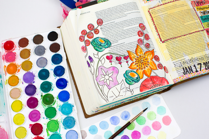 a step by step process showing how this mixed media art journaling Bible page was created by Amy Bruce | Let His garden Grow Galatians 5:22-26 ESV | Illustrated Faith by Bella Blvd Genesis Collection | watercolors