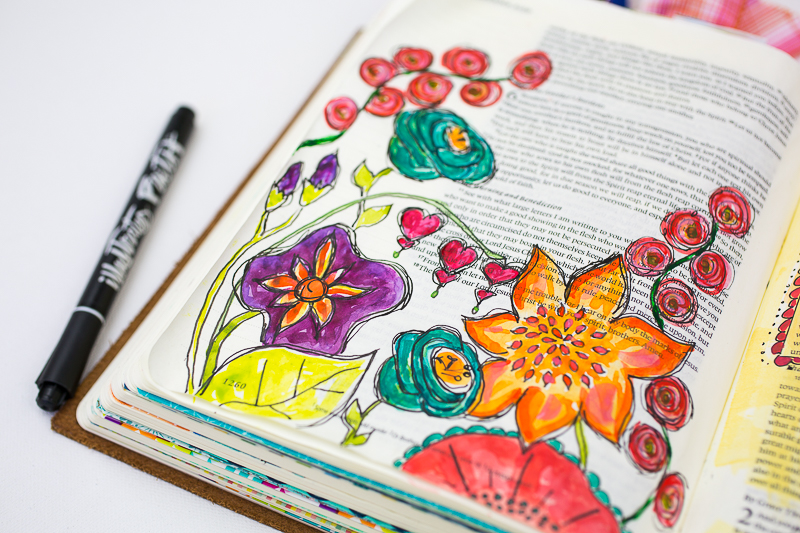 a step by step process showing how this mixed media art journaling Bible page was created by Amy Bruce | Let His garden Grow Galatians 5:22-26 ESV | Illustrated Faith by Bella Blvd Genesis Collection | watercolors