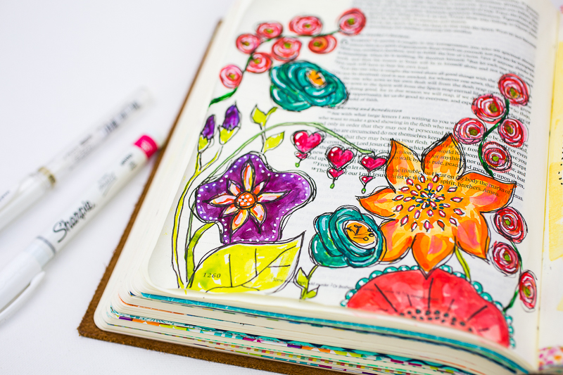 a step by step process showing how this mixed media art journaling Bible page was created by Amy Bruce | Let His garden Grow Galatians 5:22-26 ESV | Illustrated Faith by Bella Blvd Genesis Collection | watercolors