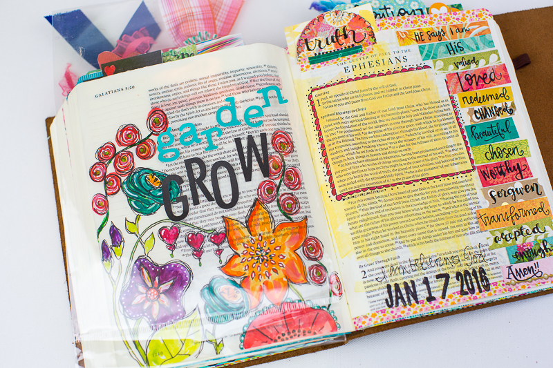 a step by step process showing how this mixed media art journaling Bible page was created by Amy Bruce | Let His garden Grow Galatians 5:22-26 ESV | Illustrated Faith by Bella Blvd Genesis Collection | watercolors
