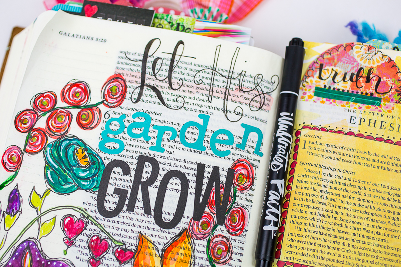 a step by step process showing how this mixed media art journaling Bible page was created by Amy Bruce | Let His garden Grow Galatians 5:22-26 ESV | Illustrated Faith by Bella Blvd Genesis Collection | watercolors