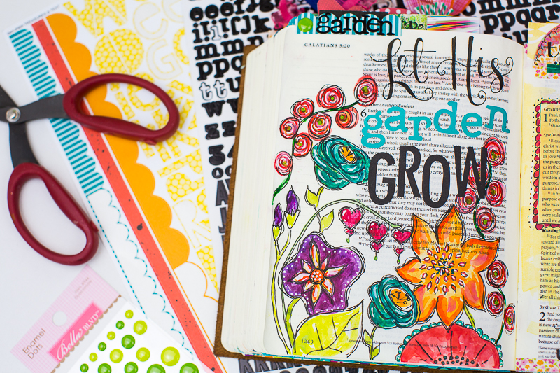 a step by step process showing how this mixed media art journaling Bible page was created by Amy Bruce | Let His garden Grow Galatians 5:22-26 ESV | Illustrated Faith by Bella Blvd Genesis Collection | watercolors