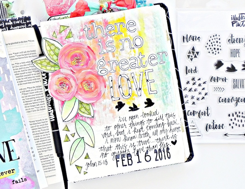 There Is No Greater Love | a step by step mixed media art journal page tutorial journaling from the Illustrated Faith His Love devotional | Illustrated Faith His Love Never Fails devotional | Illustrated Faith by Bella Blvd 