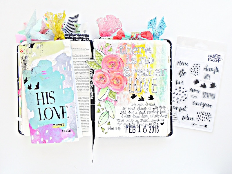 There Is No Greater Love | a step by step mixed media art journal page tutorial journaling from the Illustrated Faith His Love devotional | Illustrated Faith His Love Never Fails devotional | Illustrated Faith by Bella Blvd