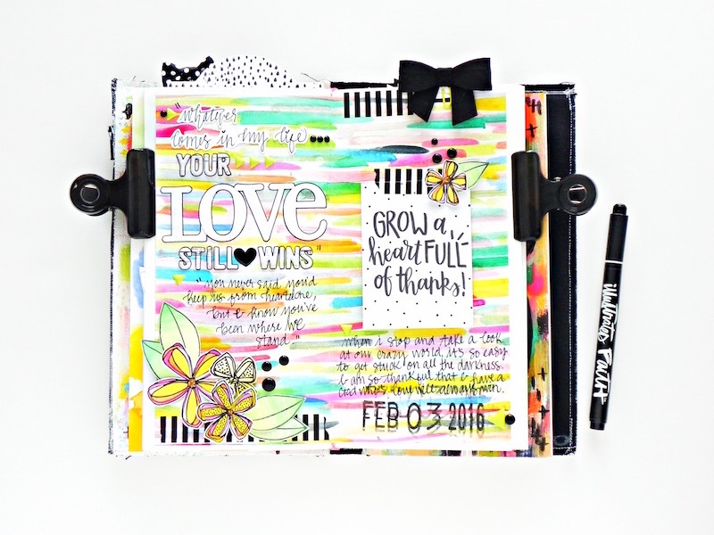 mixed media art journaling in an Illustrated Faith song journal about friendship and talking to God and his love - by Stephanie Buice