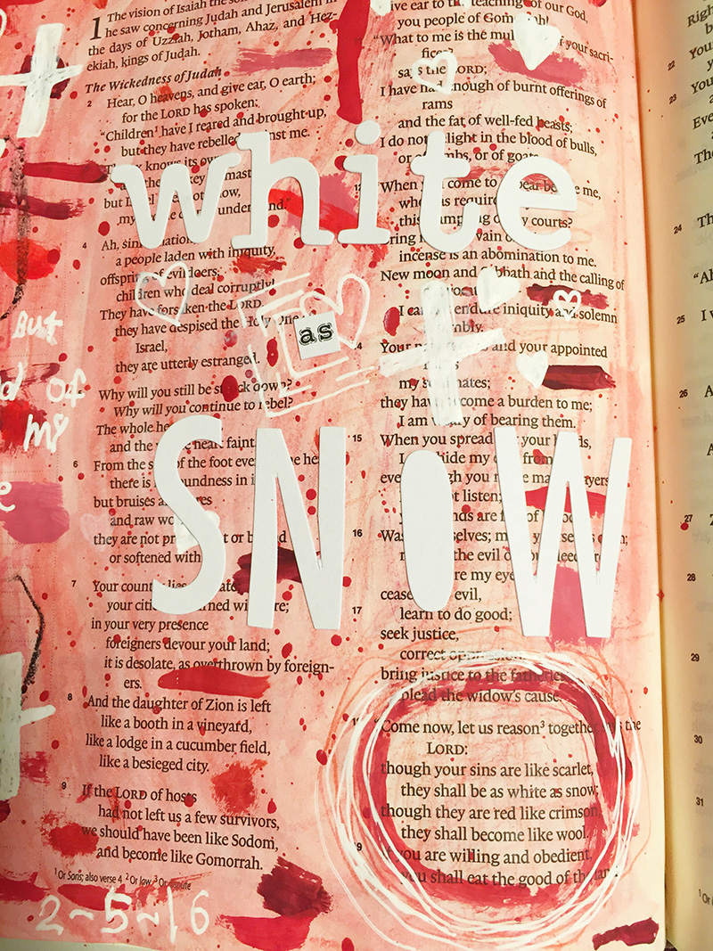 Illustrated Faith mixed media art journaling Bible - Nothing but the Blood hymn - White as Snow by Gina Mazane