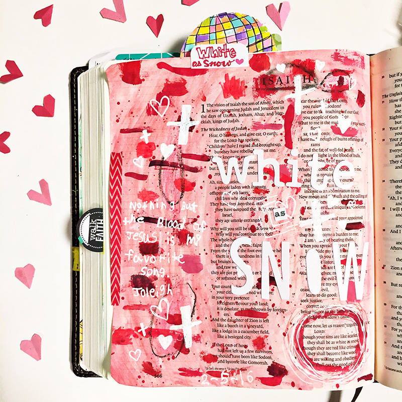 Illustrated Faith mixed media art journaling Bible - Nothing but the Blood hymn - White as Snow by Gina Mazane
