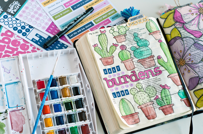 Jess Robyn is calling us to cast our burdens  on the Lord in times of panic and unexpected change Psalm 55:22 | mixed media art journaling Bible | Illustrated Faith by Bella Blvd