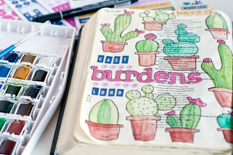 Jess Robyn is calling us to cast our burdens  on the Lord in times of panic and unexpected change Psalm 55:22 | mixed media art journaling Bible | Illustrated Faith by Bella Blvd