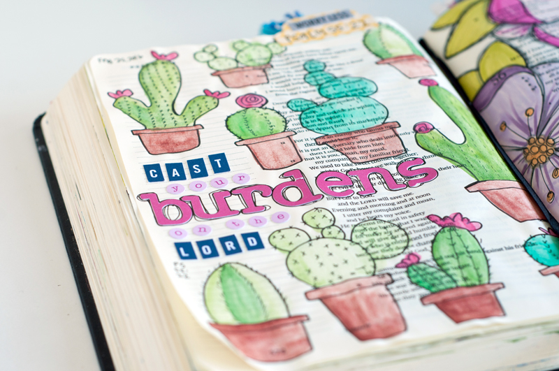 Jess Robyn is calling us to cast our burdens on the Lord in times of panic and unexpected change Psalm 55:22 | mixed media art journaling Bible | Illustrated Faith by Bella Blvd