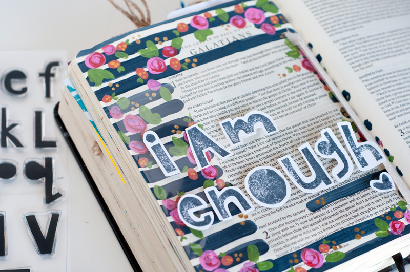 Jess Robyn is sharing with us her epiphany about being enough and living life for God and not others and sharing this gorgeous mixed media journaling bible page she created