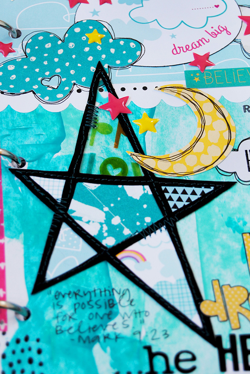 Elaine is sharing with us about dreaming big with God and her mixed media art journal page in her Illustrated Faith Praise Book