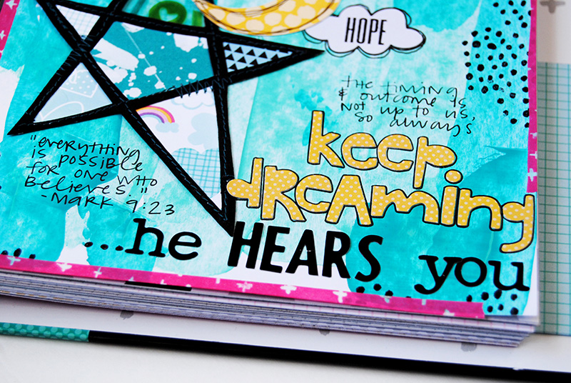 Elaine is sharing with us about dreaming big with God and her mixed media art journal page in her Illustrated Faith Praise Book