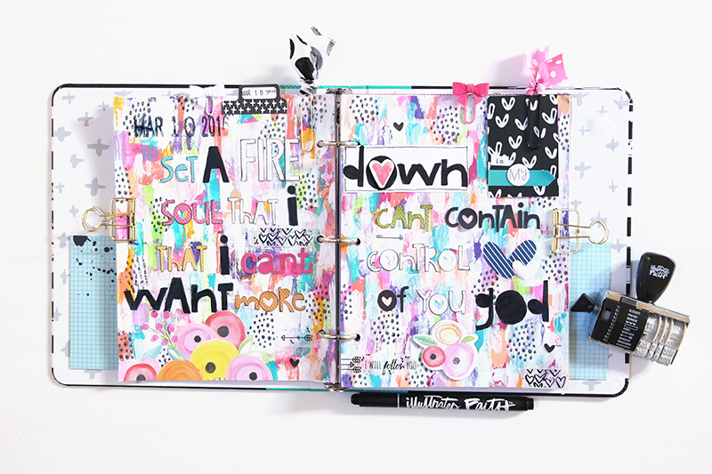 mixed media art journal page by Gina Lideros in her Illustrated Faith Praise Book | Set A Fire Down In My Soul by Jesus Culture