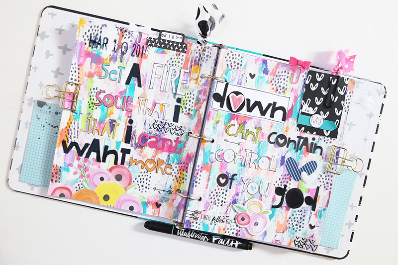mixed media art journal page by Gina Lideros in her Illustrated Faith Praise Book | Set A Fire Down In My Soul by Jesus Culture