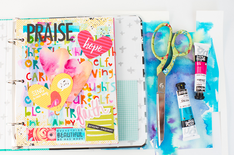 step by step process for this mixed media art journal page in the new Illustrated Faith Praise Book