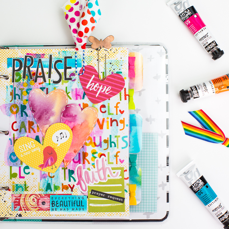 step by step process for this mixed media art journal page in the new Illustrated Faith Praise Book