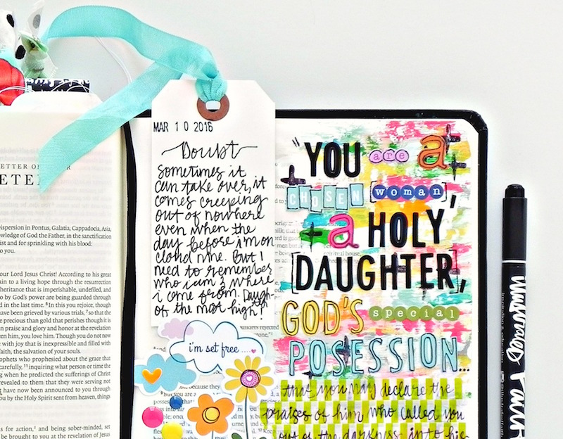 a mixed media art journaling Bible entry by Stephanie Buice based off of 1 Peter 2:9 | A Confident Heart by Renee Swope | You are a chosen woman, a holy daughter, God's special posession