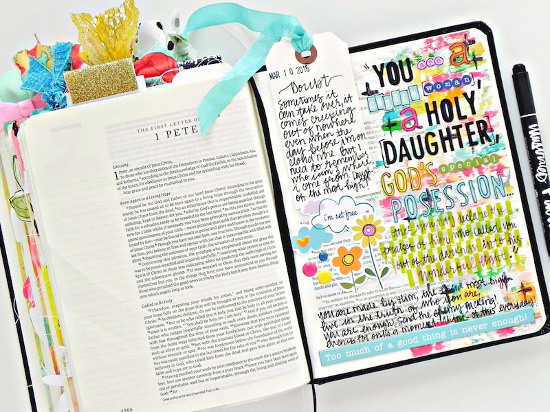 a mixed media art journaling Bible entry by Stephanie Buice based off of 1 Peter 2:9 | A Confident Heart by Renee Swope | You are a chosen woman, a holy daughter, God's special posession