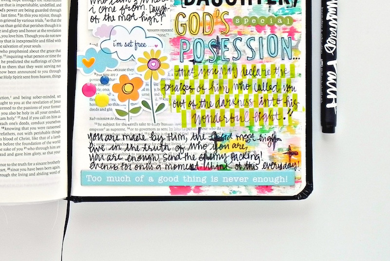 a mixed media art journaling Bible entry by Stephanie Buice based off of 1 Peter 2:9 | A Confident Heart by Renee Swope | You are a chosen woman, a holy daughter, God's special posession