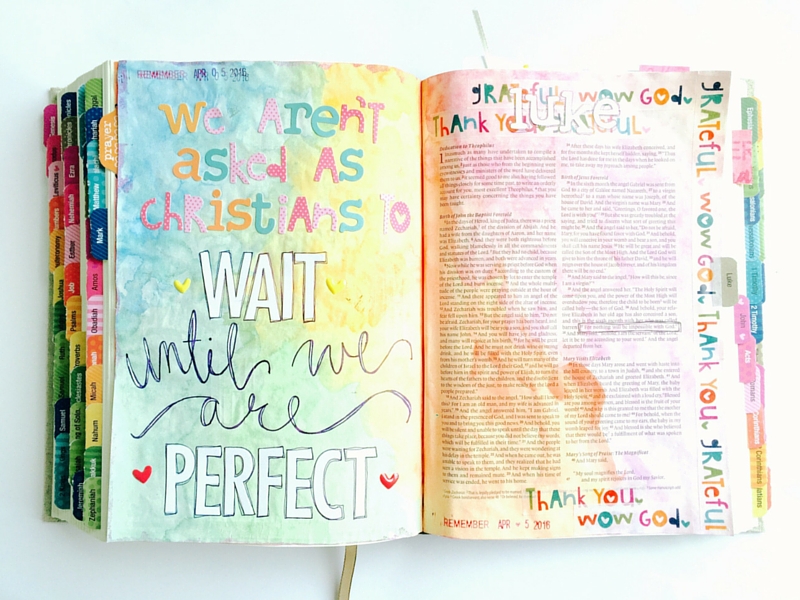 mixed media art journal Bible entry by Tawni, sharing not to wait for perfection or someone might miss the message
