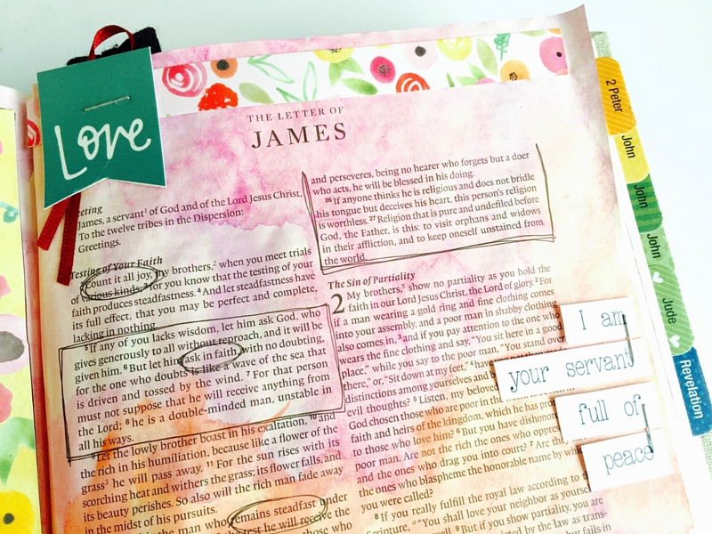 watercolor mixed media art journaling Bible page by Tawni based on James 1 and 2 and the song Follow You by Leeland | ESV Interleaved Journaling Bible