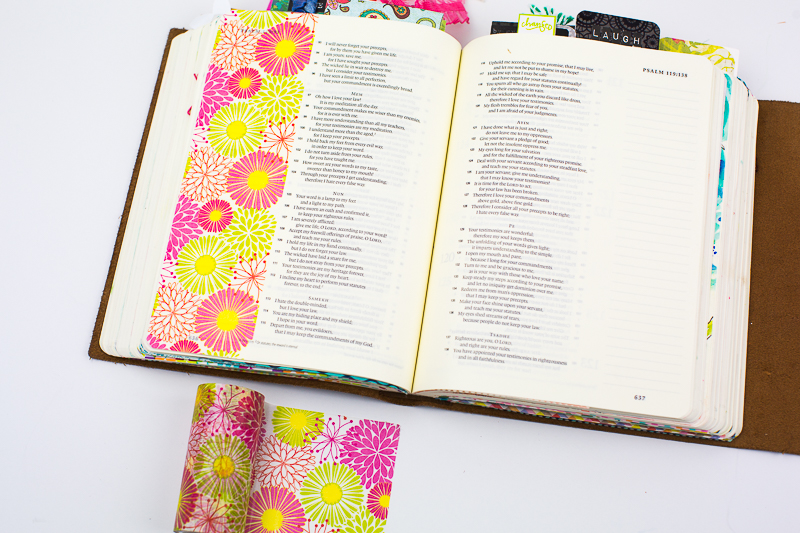 step by step tutorial mixed media journaling Bible page using printables, washi and marker by Amy Bruce