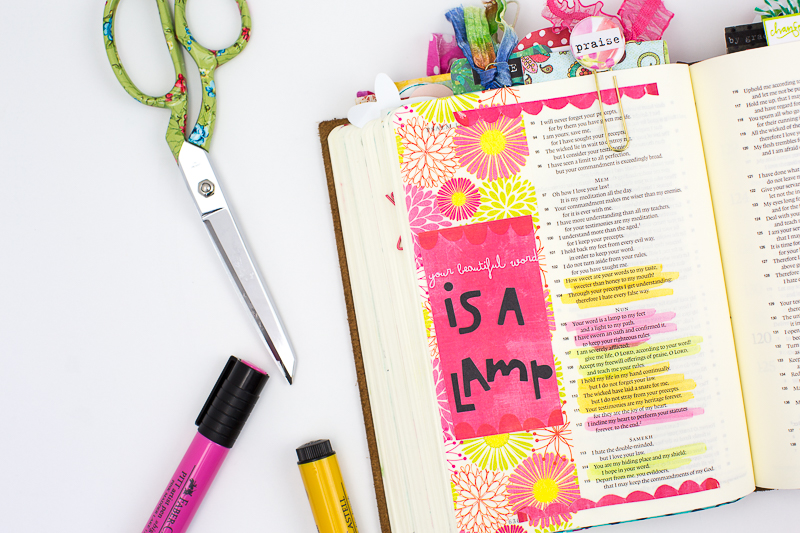 step by step tutorial mixed media journaling Bible page using printables, washi and marker by Amy Bruce