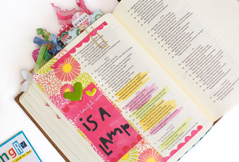 step by step tutorial mixed media journaling Bible page using printables, washi and marker by Amy Bruce