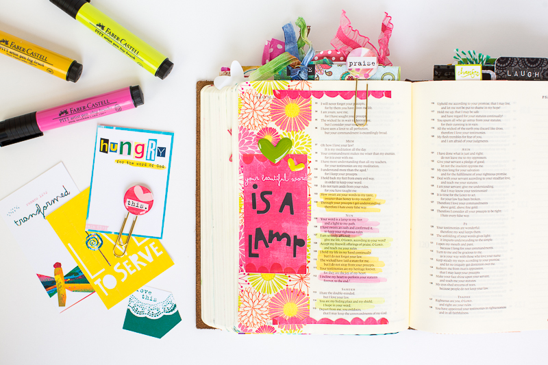 step by step tutorial mixed media journaling Bible page using printables, washi and marker by Amy Bruce