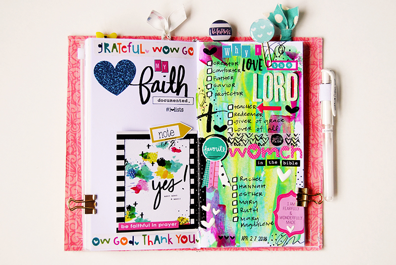 mixed media art journal Illustrated Faith List by Faith page by Elaine Davis - taking cues from the Illustrated Faith print pray shop printables