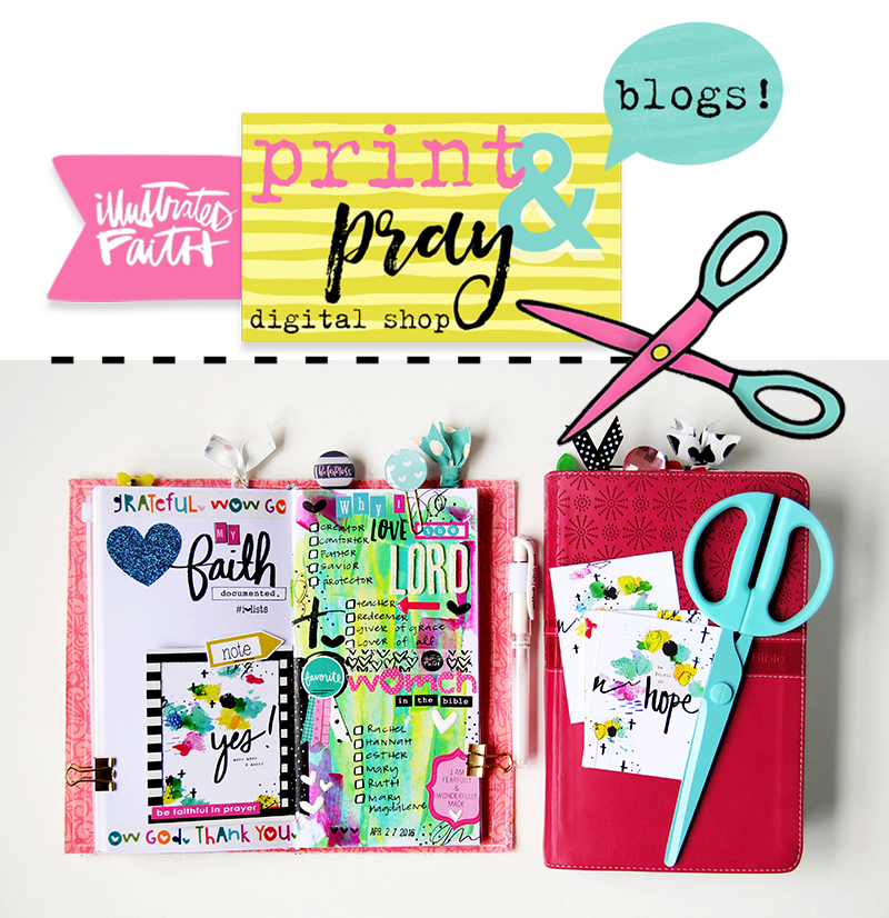 mixed media art journal Illustrated Faith List by Faith page by Elaine Davis - taking cues from the Illustrated Faith print pray shop printables