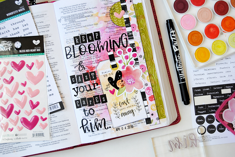 Elaine Davis is sharing an introduction to hybrid scrapbooking and using some of the new printables in her mixed media art journal Bible
