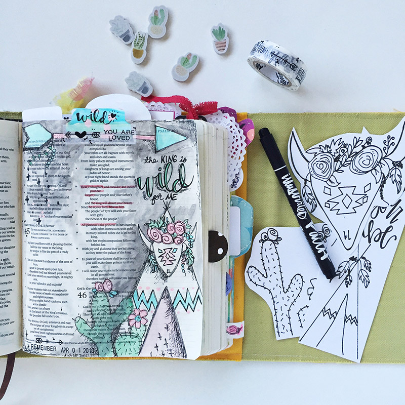 mixed media art journaling Bible entry based on Psalm 45 and the Illustrated Faith Beautiful devotional using the traceble printables from the Illustrated Faith shop