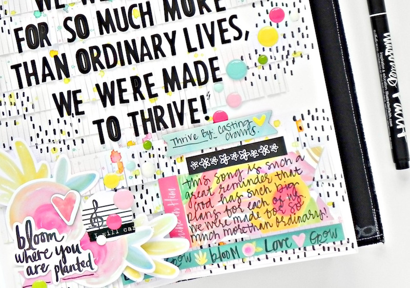 mixed media art journaling page inspired by Casting Crown's Thrive and some fun scrapbooking techniques to layer fringe papers