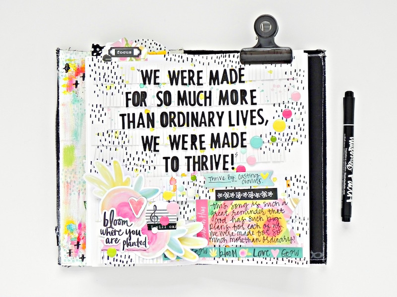 mixed media art journaling page inspired by Casting Crown's Thrive and some fun scrapbooking techniques to layer fringe papers