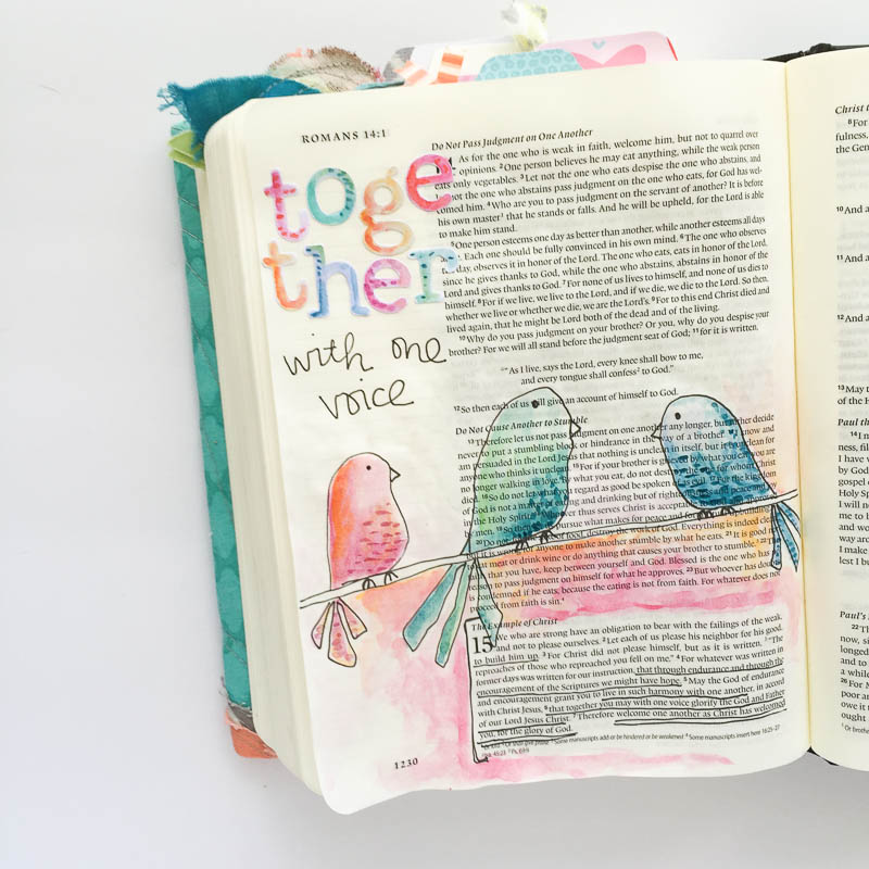 watercolor Journaling Bible entry by Bekah and a lesson on living in harmony