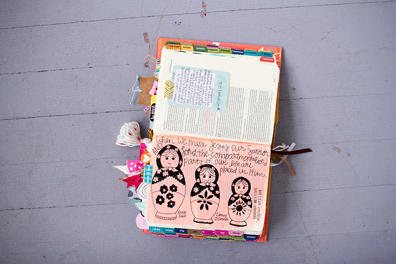 mixed media art journaling Bible | nesting dolls representing compartmentalizing Christianity by Leah Van Ert | Romans 11:33-36