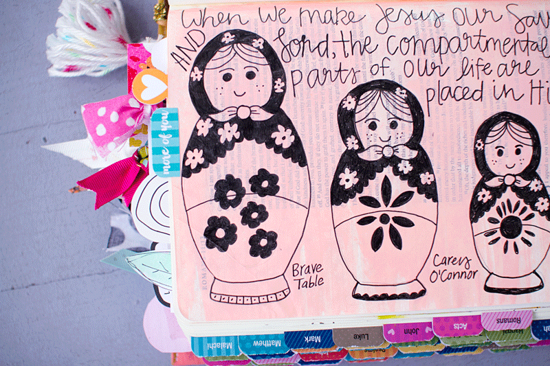 mixed media art journaling Bible | nesting dolls representing compartmentalizing Christianity by Leah Van Ert | Romans 11:33-36