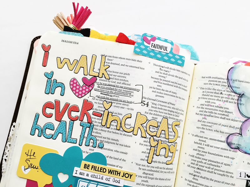 list of declarations and scriptures illustrated in her Journaling Bible by Bailey Jean Robert