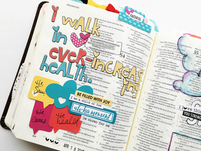 list of declarations and scriptures illustrated in her Journaling Bible by Bailey Jean Robert