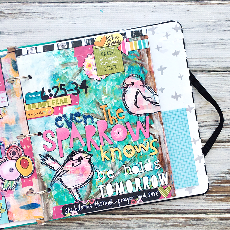 mixed media art journal entry for anxiety and worry inspired by the song Sparrows by Jason Gray | Matthew 6:25-34 | Illustrated Faith Praise Book by Bella Blvd | Heather Greenwood