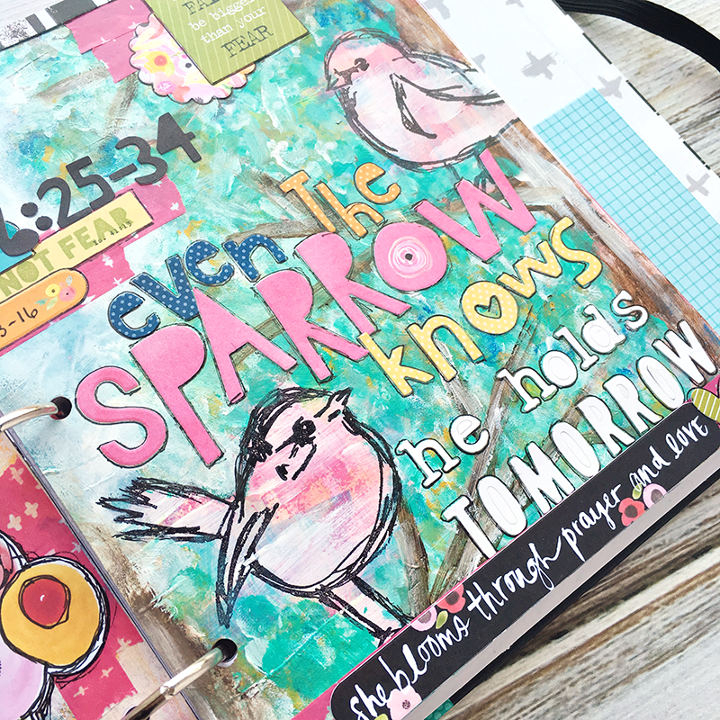mixed media art journal entry for anxiety and worry inspired by the song Sparrows by Jason Gray | Matthew 6:25-34 | Illustrated Faith Praise Book by Bella Blvd | Heather Greenwood