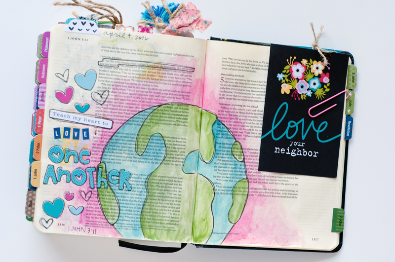 mixed media art journaling Bible page and message of how God calls us to love beyond our religion, beyond the borders of our country, beyond our comfort zone | Jess Robyn