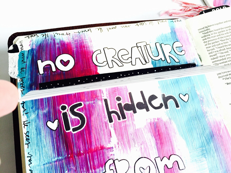 Genesis 3 10 - He Sees You - Beautiful Devotional - Illustrated Faith - creative bible journaling - mixed media - acrylic paints - alphabet stickers