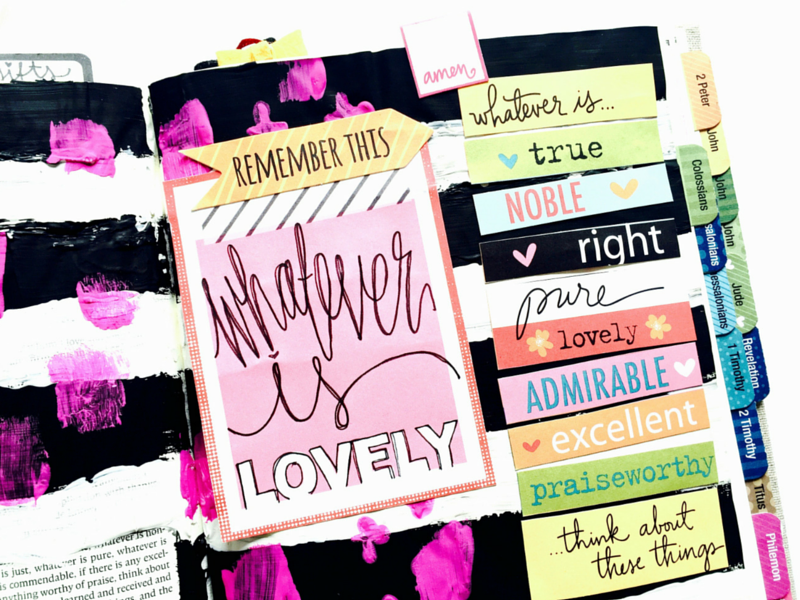 mixed media art journaling Bible page on Philippians 4:8-9 | and reflecting on changing mindset because life is beautiful by Tawni Sattler