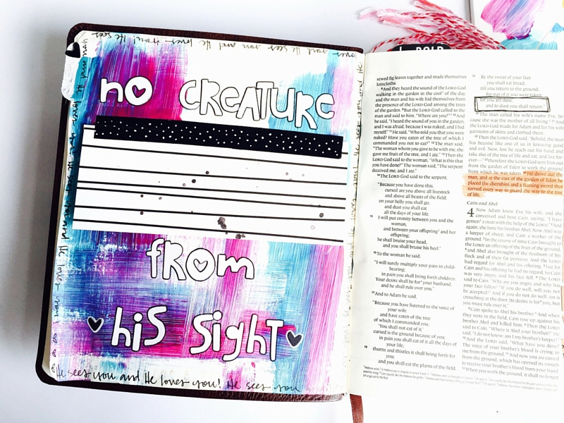 Genesis 3 10 - He Sees You - Beautiful Devotional - Illustrated Faith - creative bible journaling - mixed media - acrylic paints - alphabet stickers