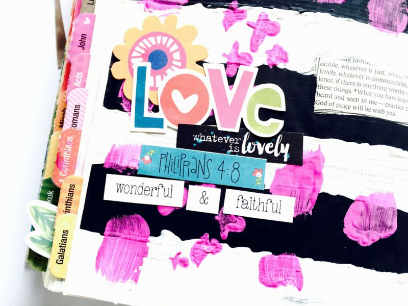 mixed media art journaling Bible page on Philippians 4:8-9 | and reflecting on changing mindset because life is beautiful by Tawni Sattler